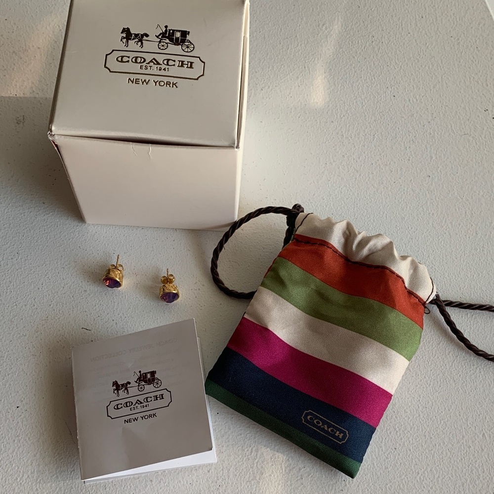 Coach Earrings Gold Tone and Purple Crystal/Glass Studs